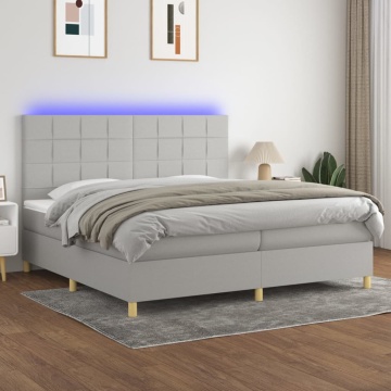 Pat cu arcuri, saltea și LED, gri deschis, 200x200 cm, textil - Img 1