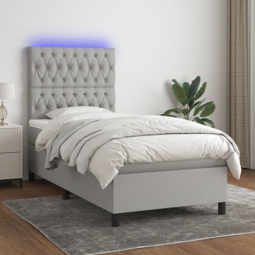 Pat cu arcuri, saltea și LED, gri deschis, 90x190 cm, textil - Img 1