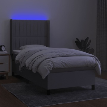 Pat cu arcuri, saltea și LED, gri deschis, 90x200 cm, textil - Img 3