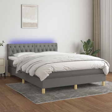 Pat cu arcuri, saltea și LED, gri închis, 140x200 cm, textil - Img 1