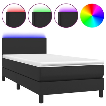 Pat cu arcuri, saltea și LED, negru, 90x190 cm, piele ecologică - Img 2