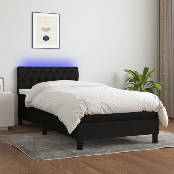 Pat cu arcuri, saltea și LED, negru, 90x200 cm, textil - Img 1