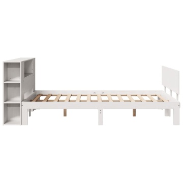 Pat cu bibliotecă fără saltea, alb, 140x190 cm, lemn masiv pin - Img 8
