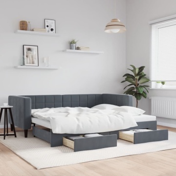 Pat de zi cu extensie și sertare gri închis 90x200 cm catifea - Img 1