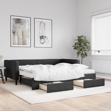 Pat de zi cu extensie și sertare, negru, 90x200 cm, textil - Img 1