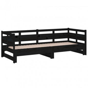 Pat de zi extensibil, negru, 2x(80x200) cm, lemn masiv de pin - Img 5