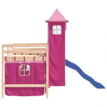 Pat etajat de copii cu turn, roz, 90x200 cm, lemn masiv pin - Img 5