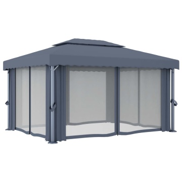 Pavilion cu perdele & șiruri lumini LED, antracit, 4x3 m - Img 5