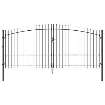 Poartă de grădină cu vârf în formă de suliță deschidere dublă gri 175x400 cm din oțel - Img 2