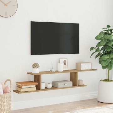 Raft TV montat pe perete stejar artizanal 125x18x23 cm lemn - Img 1