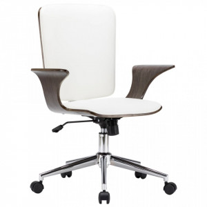 Scaun de birou rotativ, alb, piele ecologică și lemn curbat - Img 1