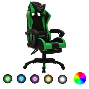 Scaun de jocuri cu LED RGB, verde și negru, piele ecologică - Img 1