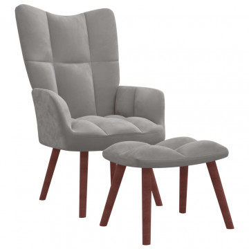Scaun de relaxare cu taburet, gri deschis, catifea - Img 1