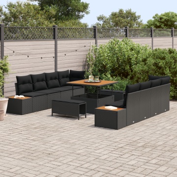Set 11 Piese Sofa Grădină cu Perne Ratan Poli Acacia Negru, Set 3 Piese Masă Grădină cu Perne Ratan Poli Acacia Negru - Img 3