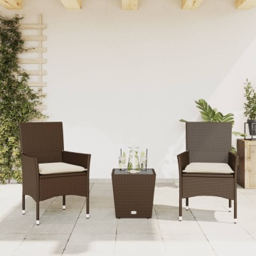 Set bistro cu perne, 3 piese, maro, poliratan și sticlă - Img 1
