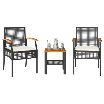 Set bistro cu perne, 3 piese, negru, poliratan și lemn acacia - Img 1