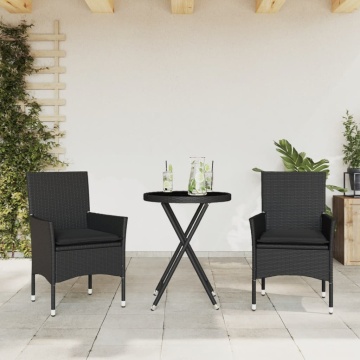 Set bistro cu perne, 3 piese, negru, poliratan și sticlă - Img 1