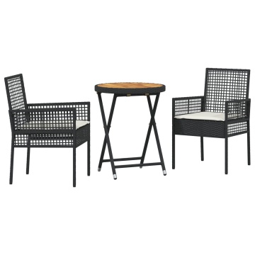 Set Bistro de Grădină 3 Piese cu Perne Negru Poliratan - Img 2