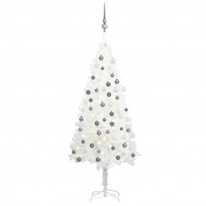 Set brad Crăciun artificial cu LED-uri/globuri, alb, 120 cm
