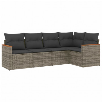 Set canapea de grădină cu perne, 5 piese, gri, poliratan - Img 2