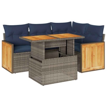 Set canapea de grădină cu perne, 5 piese, poliratan/lemn acacia - Img 2