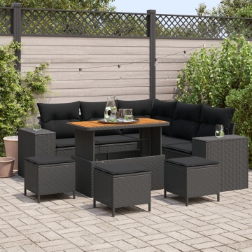 Set Canapea Grădină 8 Piese cu Perne Negru Poliratan Acacia, Set Dining Grădină 3 Piese cu Perne Negru Poliratan Acacia - Img 1