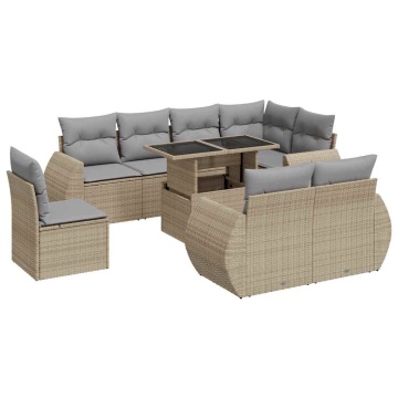Set canapele de grădină, 9 piese, cu perne, bej, poliratan - Img 2