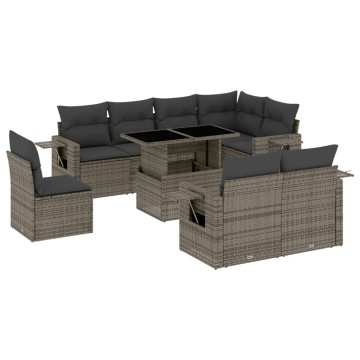 Set canapele de grădină, 9 piese, cu perne, gri, poliratan - Img 2