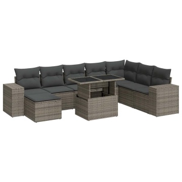 Set canapele de grădină, 9 piese, cu perne, gri, poliratan - Img 2