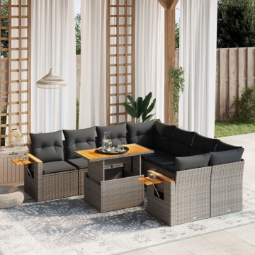 Set canapele de grădină, 9 piese, cu perne, gri, poliratan - Img 1