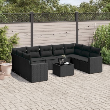 Set canapele de grădină cu perne, 10 piese, negru, poliratan - Img 1
