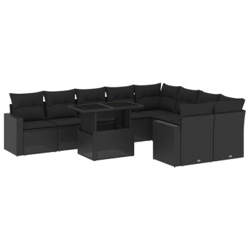 Set canapele de grădină cu perne, 10 piese, negru, poliratan - Img 2