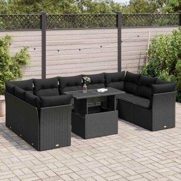Set canapele de grădină cu perne, 10 piese, negru, poliratan - Img 1