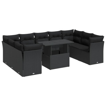 Set canapele de grădină cu perne, 10 piese, negru, poliratan - Img 2