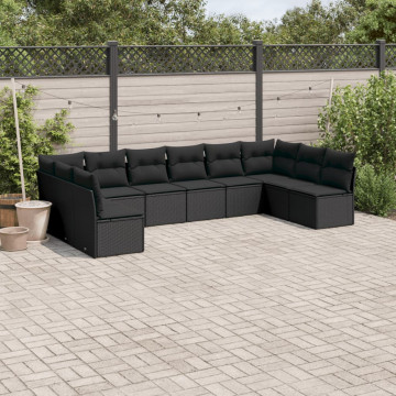 Set canapele de grădină cu perne, 10 piese, negru, poliratan - Img 1
