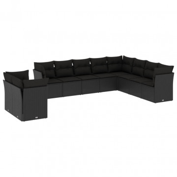Set canapele de grădină cu perne, 10 piese, negru, poliratan - Img 2