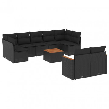 Set canapele de grădină cu perne, 10 piese, negru, poliratan - Img 2
