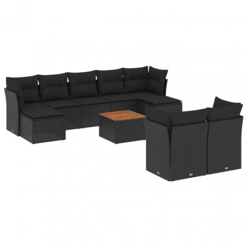 Set canapele de grădină cu perne, 10 piese, negru, poliratan - Img 2