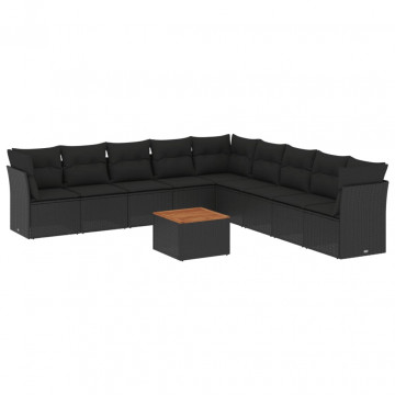 Set canapele de grădină cu perne, 10 piese, negru, poliratan - Img 2