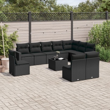 Set canapele de grădină cu perne, 11 piese, negru, poliratan - Img 1