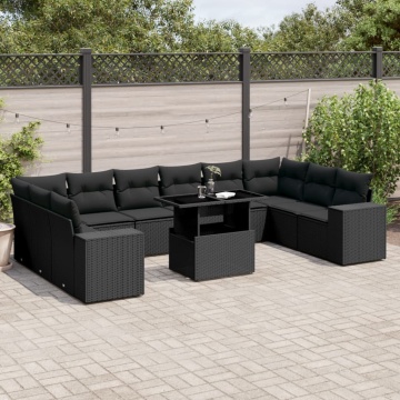 Set canapele de grădină cu perne, 11 piese, negru, poliratan - Img 1