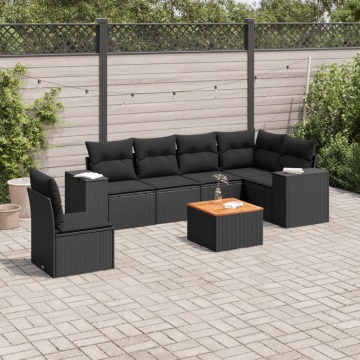 Set canapele de grădină cu perne, 7 piese, negru, poliratan - Img 1