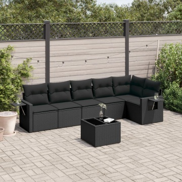 Set canapele de grădină cu perne, 7 piese, negru, poliratan - Img 1