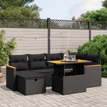 Set canapele de grădină cu perne, 7 piese, negru, poliratan - Img 1