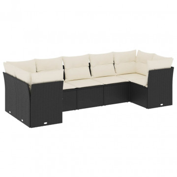 Set canapele de grădină cu perne, 7 piese, negru, poliratan - Img 2