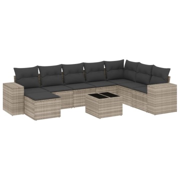Set canapele de grădină cu perne, 9 piese gri deschis poliratan - Img 2