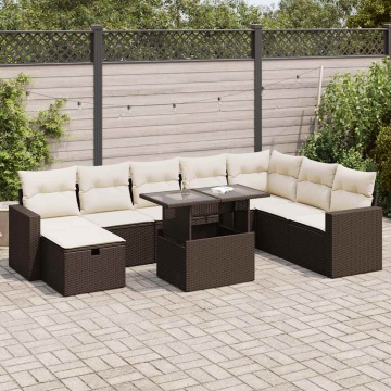 Set canapele de grădină cu perne, 9 piese, maro, poliratan - Img 1