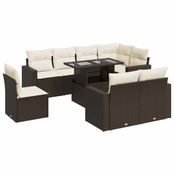 Set canapele de grădină cu perne, 9 piese, maro, poliratan - Img 2