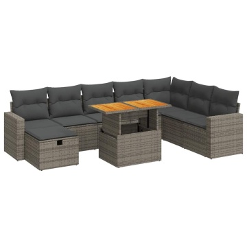 Set canapele grădină cu perne 9 piese gri poliratan/lemn acacia - Img 2