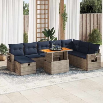 Set canapele grădină cu perne 9 piese gri poliratan/lemn acacia - Img 1